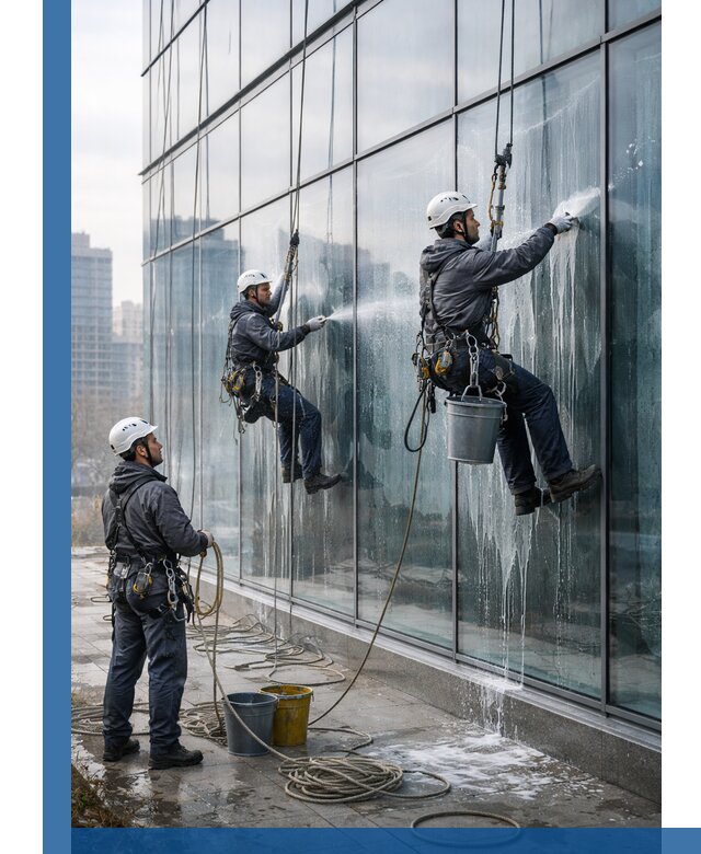 Промышленная мойка панорамных окон на высоте в Киселёвске