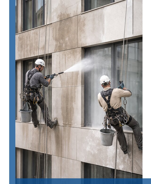 Послестроительная мойка фасада промышленным альпинизмом в Киселёвске