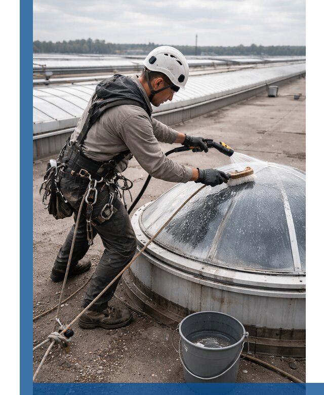 Мойка зенитных фонарей на кровле для промышленных объектов в Киселёвске