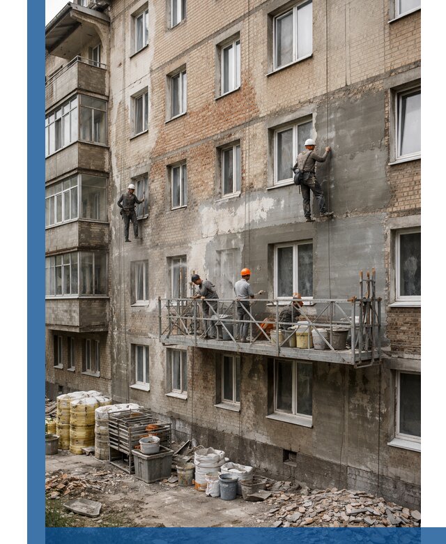 Капитальный ремонт фасада в Киселёвске с восстановлением и гидроизоляцией