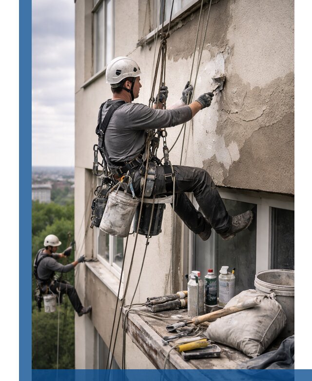 Косметический ремонт фасада зданий в Киселёвске промышленными альпинистами