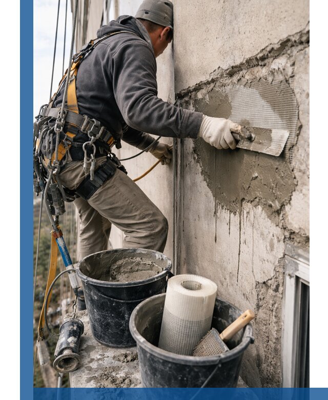 Ремонт бетонных элементов фасада промышленными альпинистами в Киселёвске