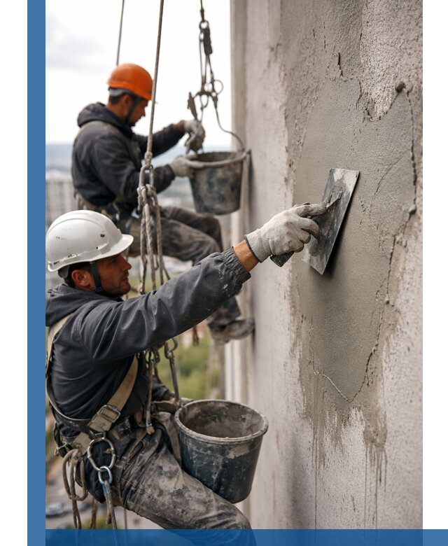 Штукатурка фасада на высоте в Киселёвске профессиональные работы