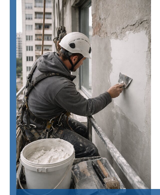 Шпаклевка фасадов на высоте с промальпинистами в Киселёвске