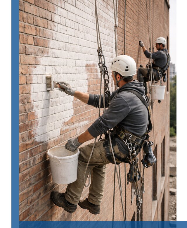Покраска кирпичного фасада с доступным альпинистским сервисом в Киселёвске