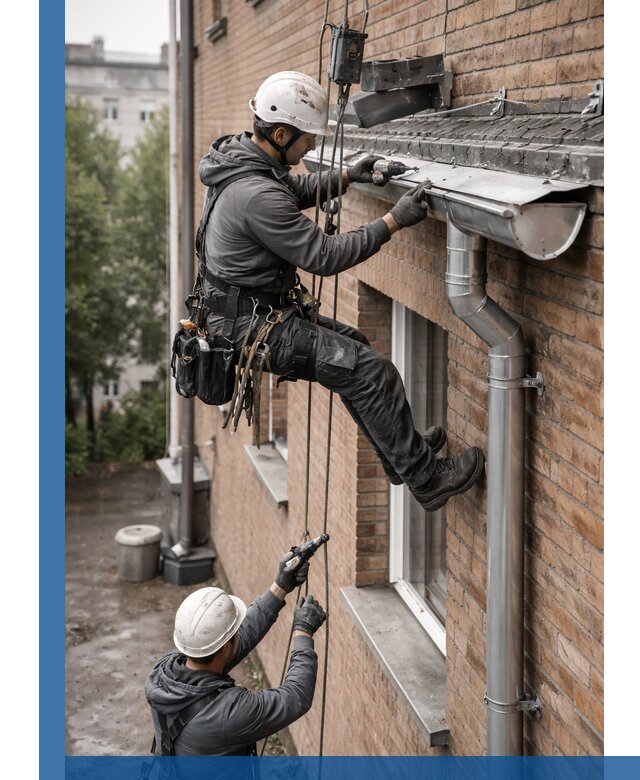 Монтаж водосточной системы на здании в Киселёвске под ключ