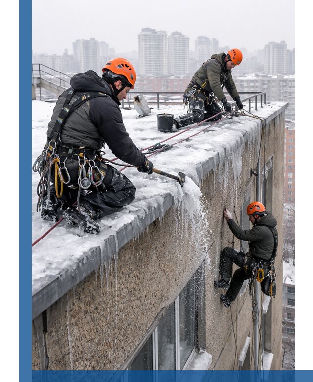 Удаление наледи с кровли в Киселёвске промышленными альпинистами