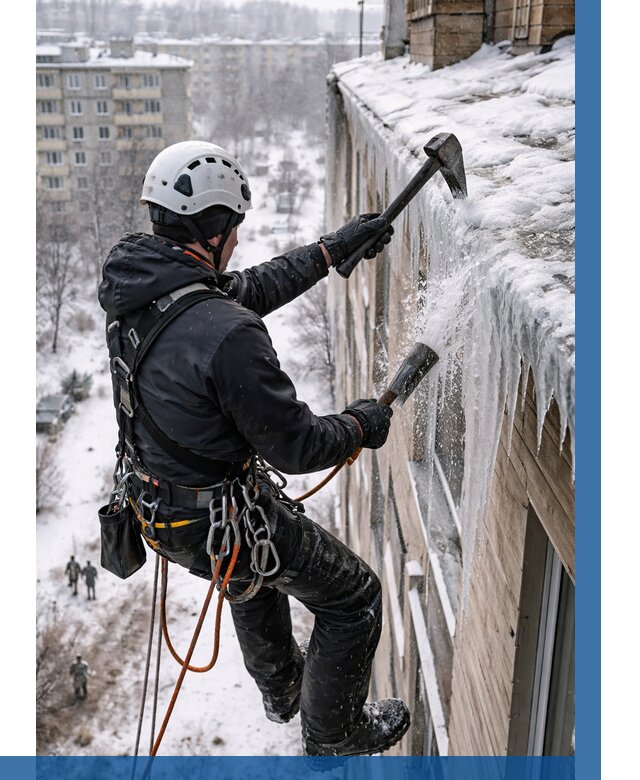 Сбивание сосулек с крыши в Киселёвске по цене от 4626 р. | ВЫСОТНИК-Кис