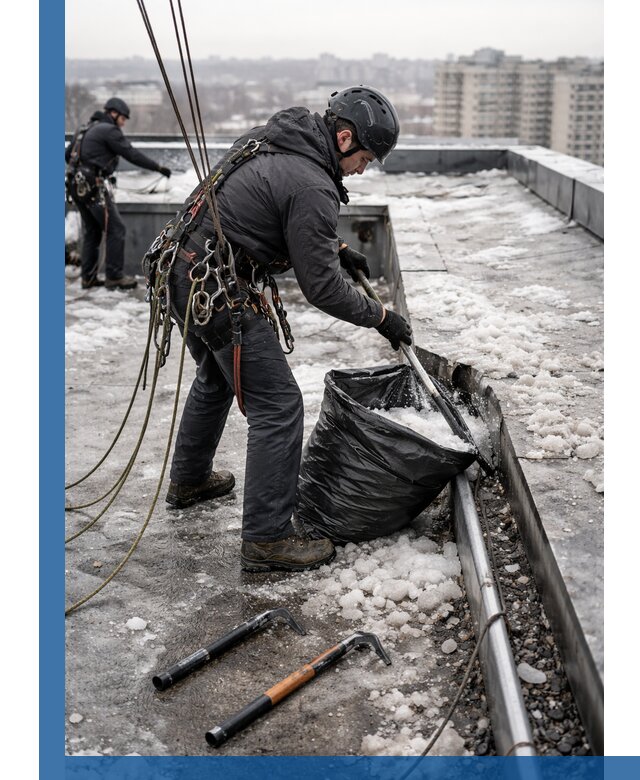 Аварийная очистка кровли в Киселёвске от промальпинистов