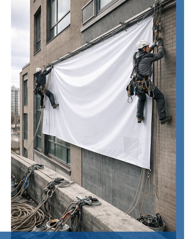 Монтаж баннеров на фасаде в Киселёвске от 668 р. заказать ВЫСОТНИК-Кис