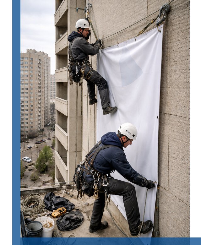 Профессиональный монтаж баннеров на фасаде в Киселёвске