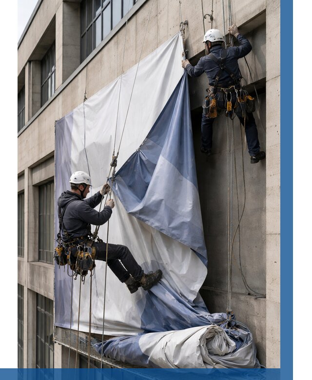 Демонтаж баннеров с фасада в Киселёвске от 4626 р. | ВЫСОТНИК-Кис