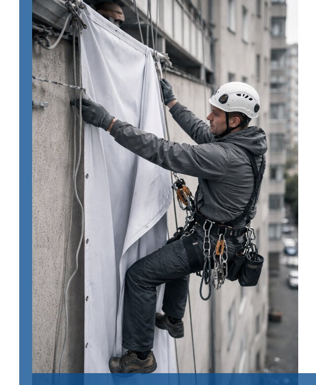 Замена баннерного полотна промышленными альпинистами в Киселёвске