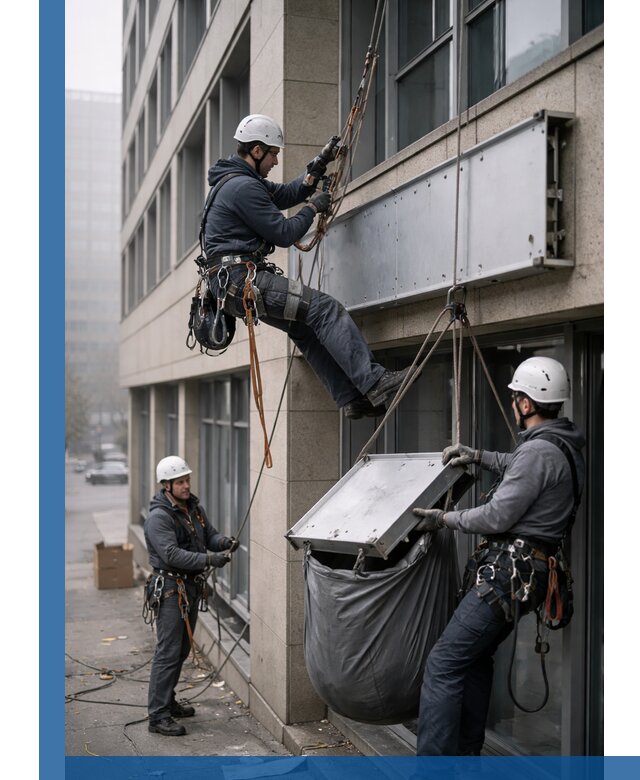 Демонтаж рекламной вывески с высотными работами в Киселёвске