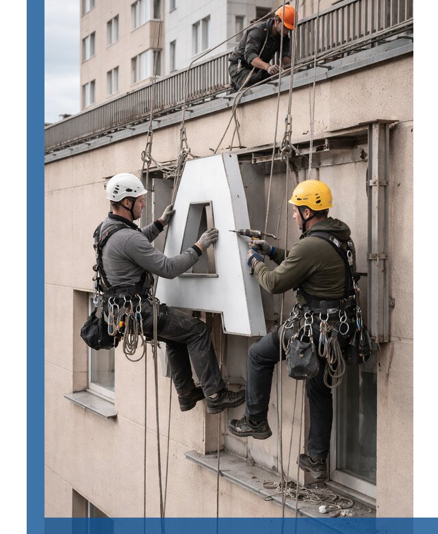 Ремонт и восстановление наружных вывесок на высоте в Киселёвске