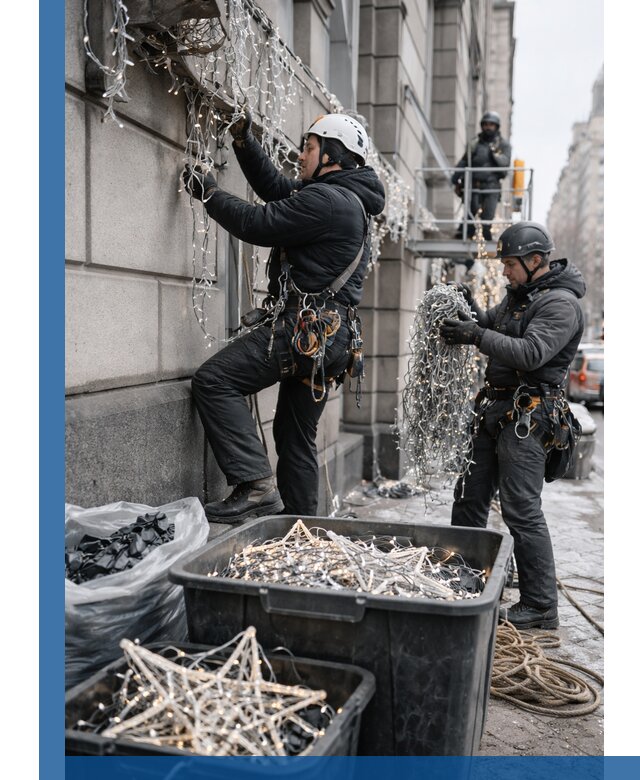 Демонтаж новогоднего оформления и гирлянд в Киселёвске