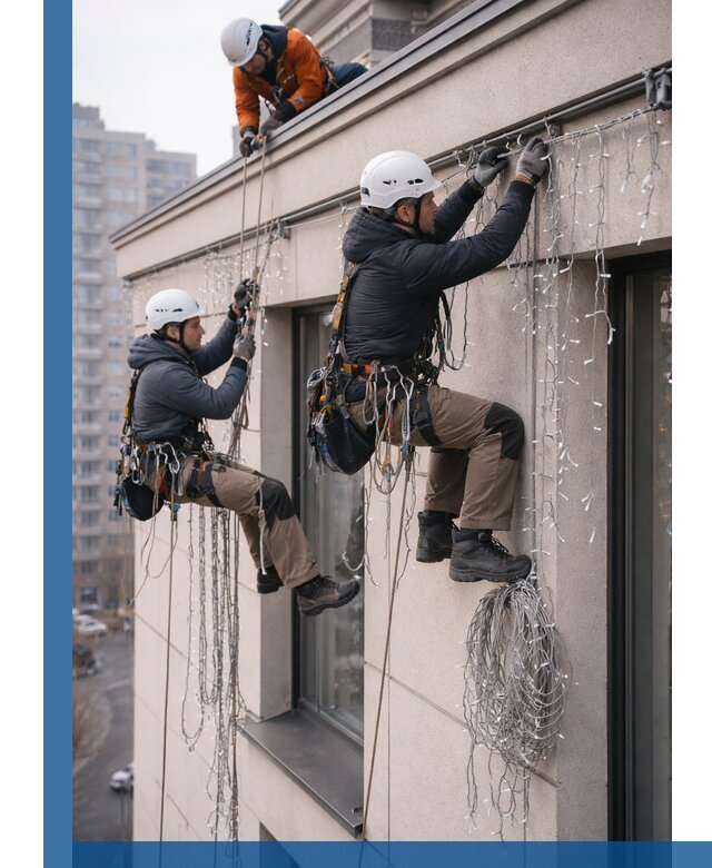 Монтаж праздничных гирлянд на фасаде в Киселёвске для зданий