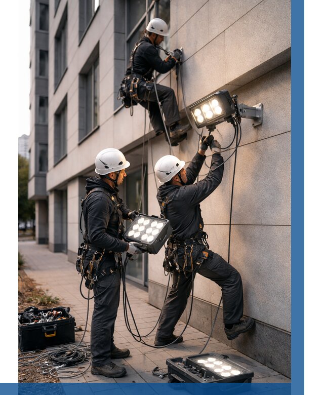 Монтаж прожекторов на фасаде в Киселёвске от 7711 р. | ВЫСОТНИК-Кис