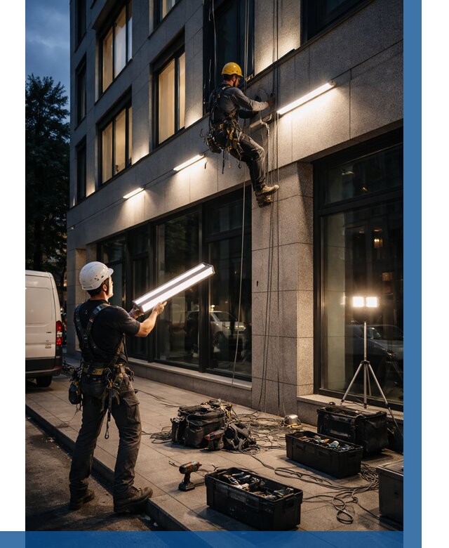 Монтаж архитектурной подсветки здания в Киселёвске от 2570 р.|ВЫСОТНИК-Кис