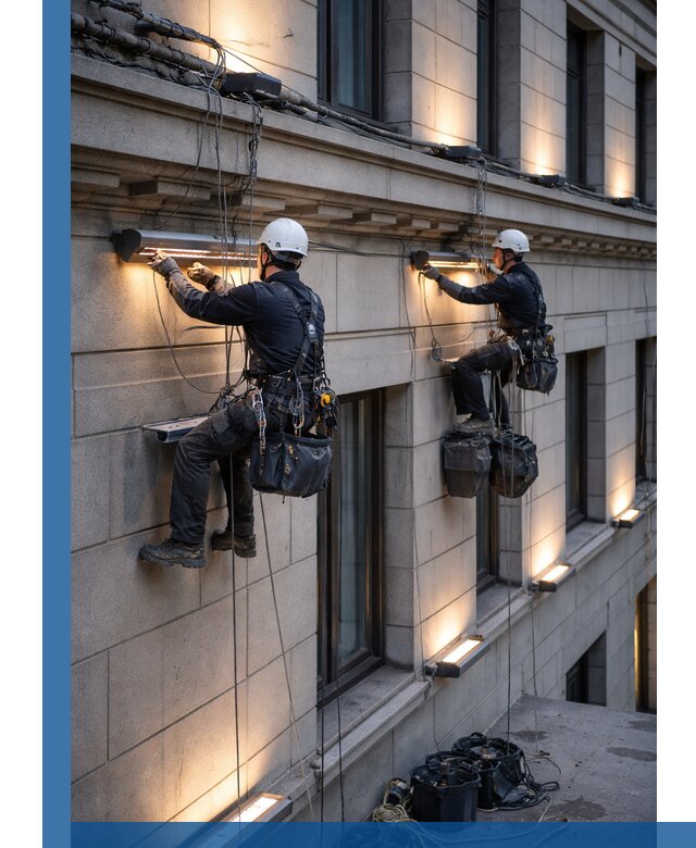 Монтаж архитектурной подсветки фасадов зданий в Киселёвске