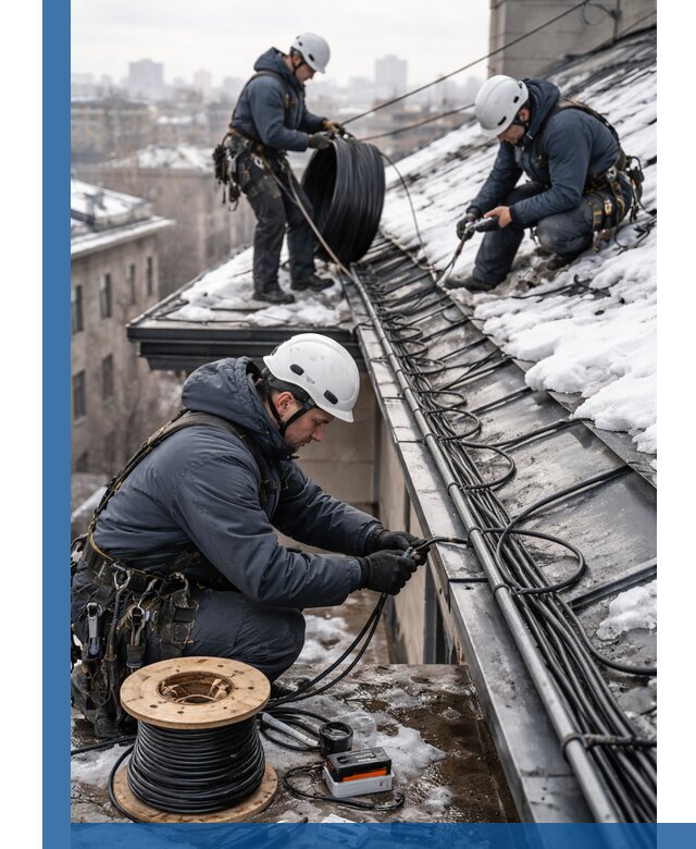 Монтаж греющего кабеля на кровле в Киселёвске под ключ