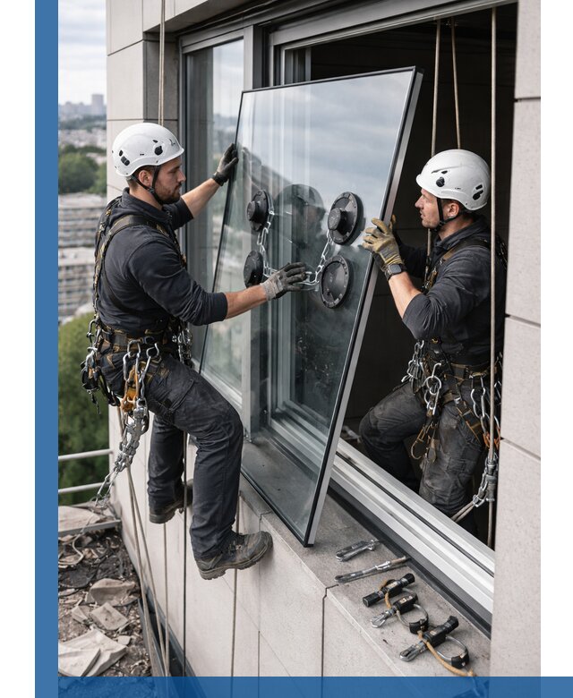 Замена стеклопакетов на высоте с промышленными альпинистами в Киселёвске