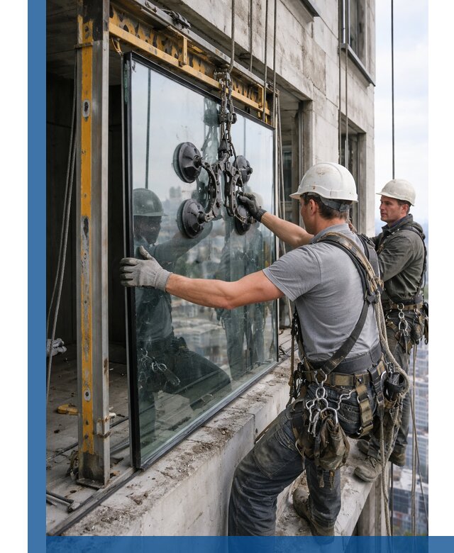 Монтаж стеклопакетов на высоте в Киселёвске с промышленным альпинизмом