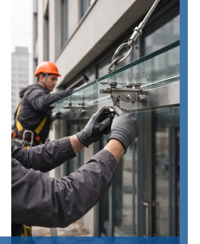 Монтаж стеклянных козырьков в Киселёвске от 8739 р. | ВЫСОТНИК-Кис