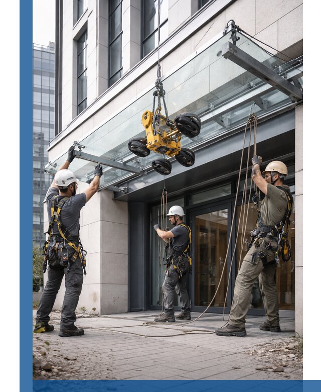 Монтаж стеклянных козырьков под ключ в Киселёвске для зданий