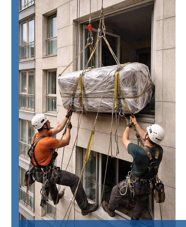 Подъем грузов через окно в Киселёвске промышленными альпинистами