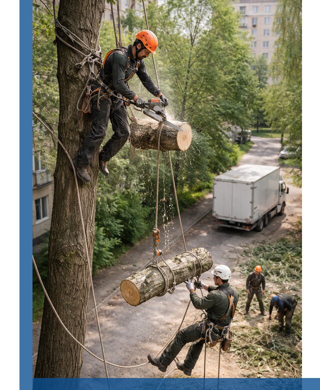 Спил деревьев альпинистами в Киселёвске, безопасно и без повреждений