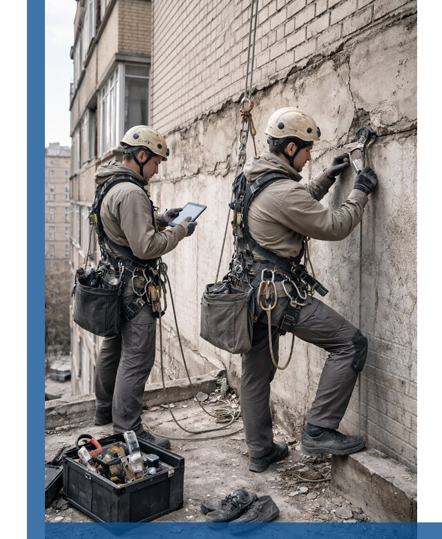 Обследование фасада промышленными альпинистами в Киселёвске